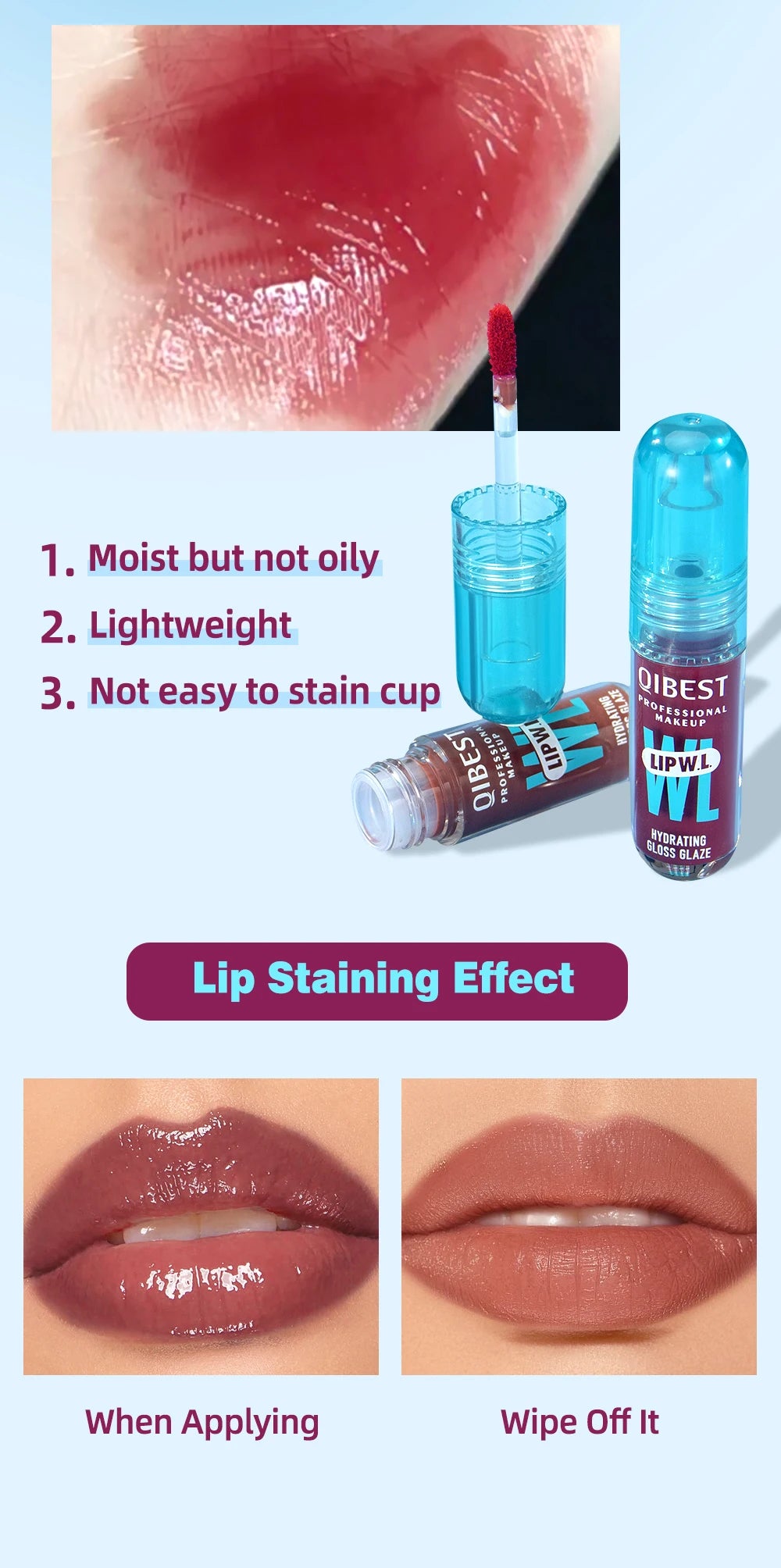 Brilho Labial Cristal QIBEST, Glaze Labial Hidratante de Longa Duração, Gloss Hidratante para Lábios