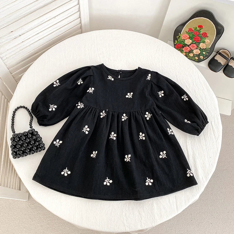 2026 nova primavera meninas vestido de princesa crianças estilo coreano bordado roupas 2-6yrs manga comprida algodão crianças vestido de festa