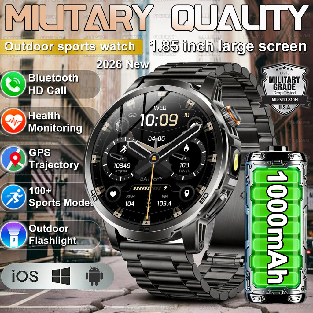 Novos Relógios Inteligentes Militares para Atividades ao Ar Livre 2026, Tela AMOLED de 1,85 polegadas, Bateria Grande de 1000mAh, À Prova D'água 10ATM, Chamada, Esportes, Pulseira Fitness Masculina