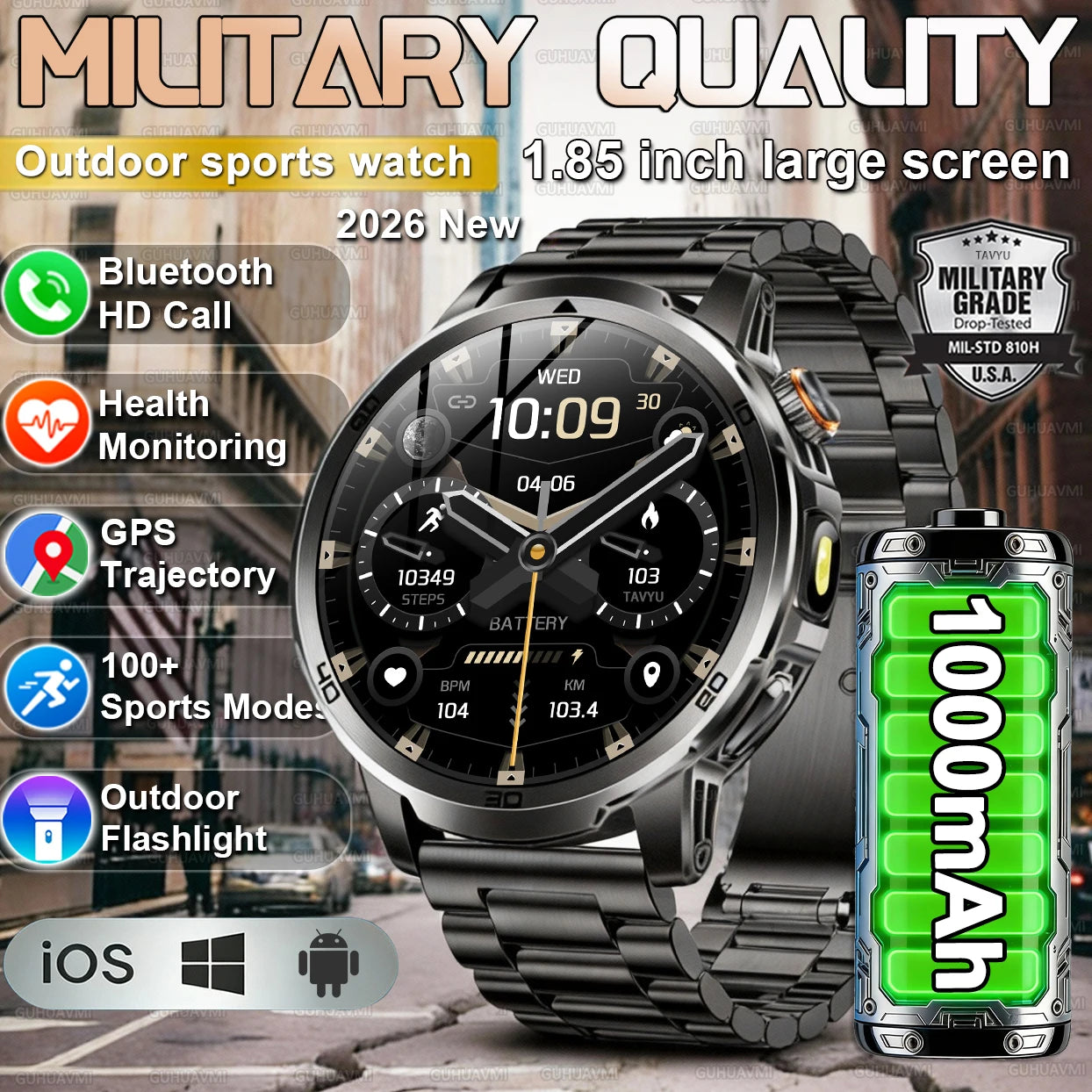 Novos Relógios Inteligentes Militares para Atividades ao Ar Livre 2026, Tela AMOLED de 1,85 polegadas, Bateria Grande de 1000mAh, À Prova D'água 10ATM, Chamada, Esportes, Pulseira Fitness Masculina