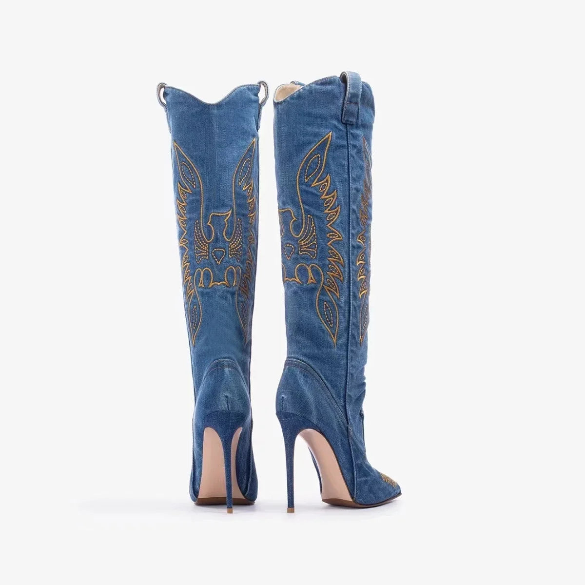 Moda feminina europeia e americana salto alto apontado ocidental denim bordado linha joelho manga alta botas de strass