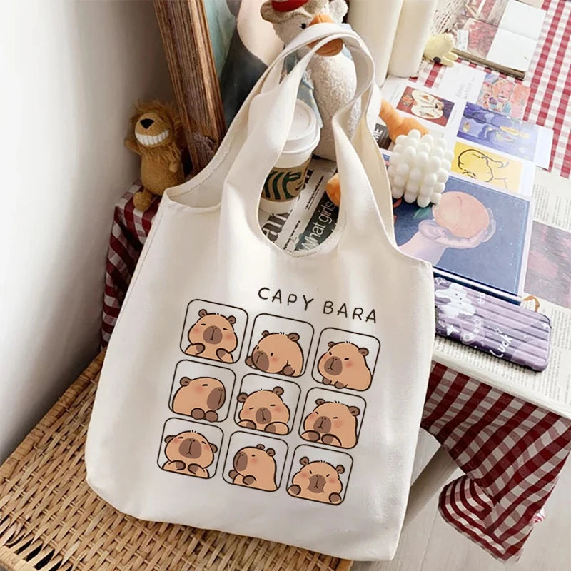 Capivara dos desenhos animados impressão branco lona sacola organizador feminino kawaii eco amigável bolsa de compras capivaras bonito sacos de ombro