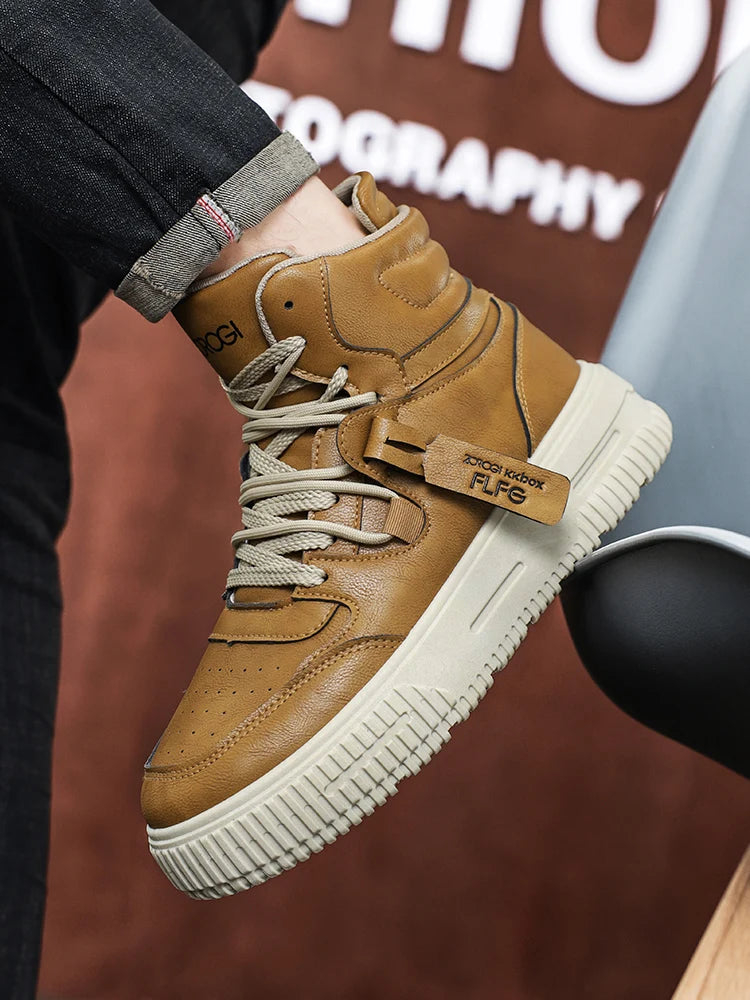 Sapatos masculinos de cano alto de inverno, sapatos esportivos casuais de couro, roupas de trabalho retrô, sapatos esportivos casuais versáteis e modernos