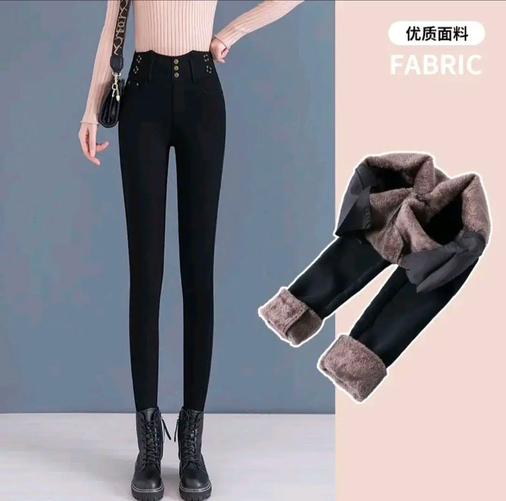 Jeans coreano elástico de cintura alta com pelúcia ártica, zíper de botão monocromático, calça lápis reta preta, moda fina, outono e inverno, nova