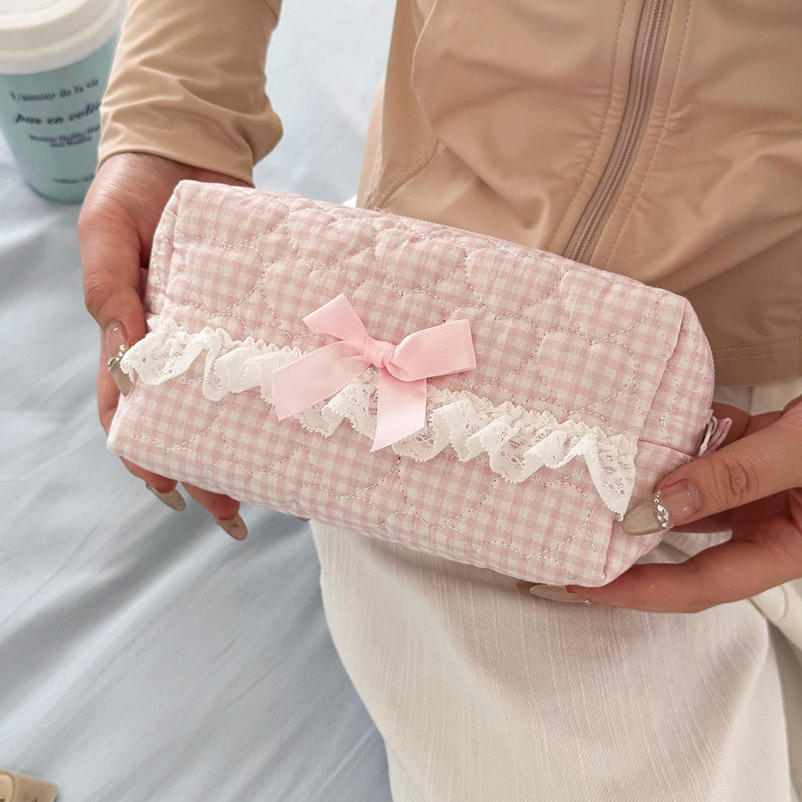 Nova moda laço arco bolsa de maquiagem feminina grande capacidade bolsa de armazenamento de cosméticos portátil organizador de viagem saco quadrado com zíper