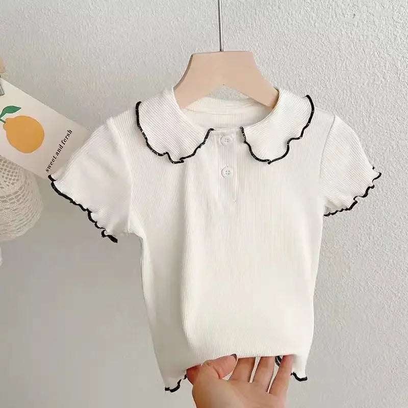 T-shirts de Peter Pan Collar infantil, infantil, meninas, fofo, casual, sólido, preto, branco, estilo coreano, verão, nova chegada, 2022