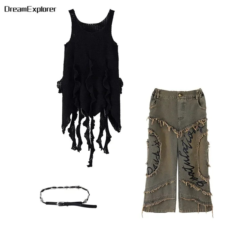 Conjunto de regata e jeans infantil Wasteland Street Dance de malha, moletons de hip hop, roupas de jazz, roupas punk, meninos e meninas