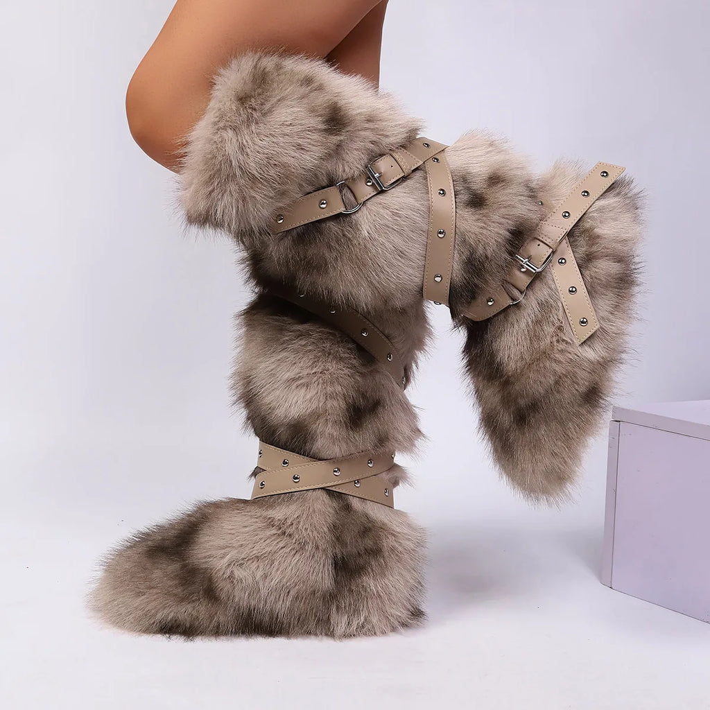Botas femininas felpudas até o joelho |   Calçado de inverno com detalhes multi-fivela, texturas de leopardo e shearling