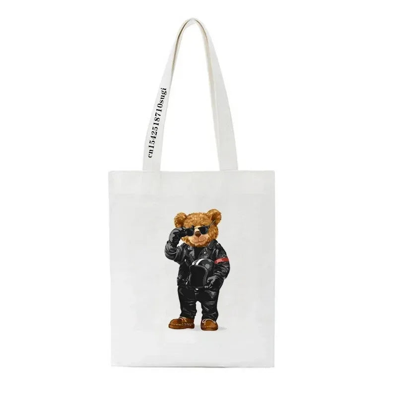Moda urso impressão eco mulheres sacos de ombro bolsa feminina lona saco de compras casual grandes senhoras viagem totes sacos
