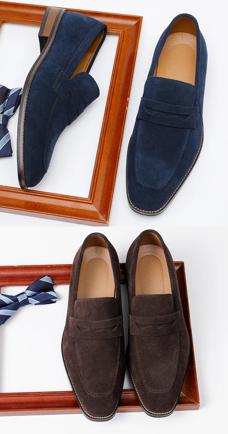 Marca masculina camurça mocassins de couro de vaca sapatos retro deslizamento-on sapatos formais masculinos sapatos de casamento