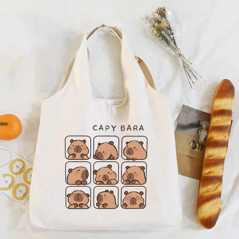 Capivara dos desenhos animados impressão branco lona sacola organizador feminino kawaii eco amigável bolsa de compras capivaras bonito sacos de ombro