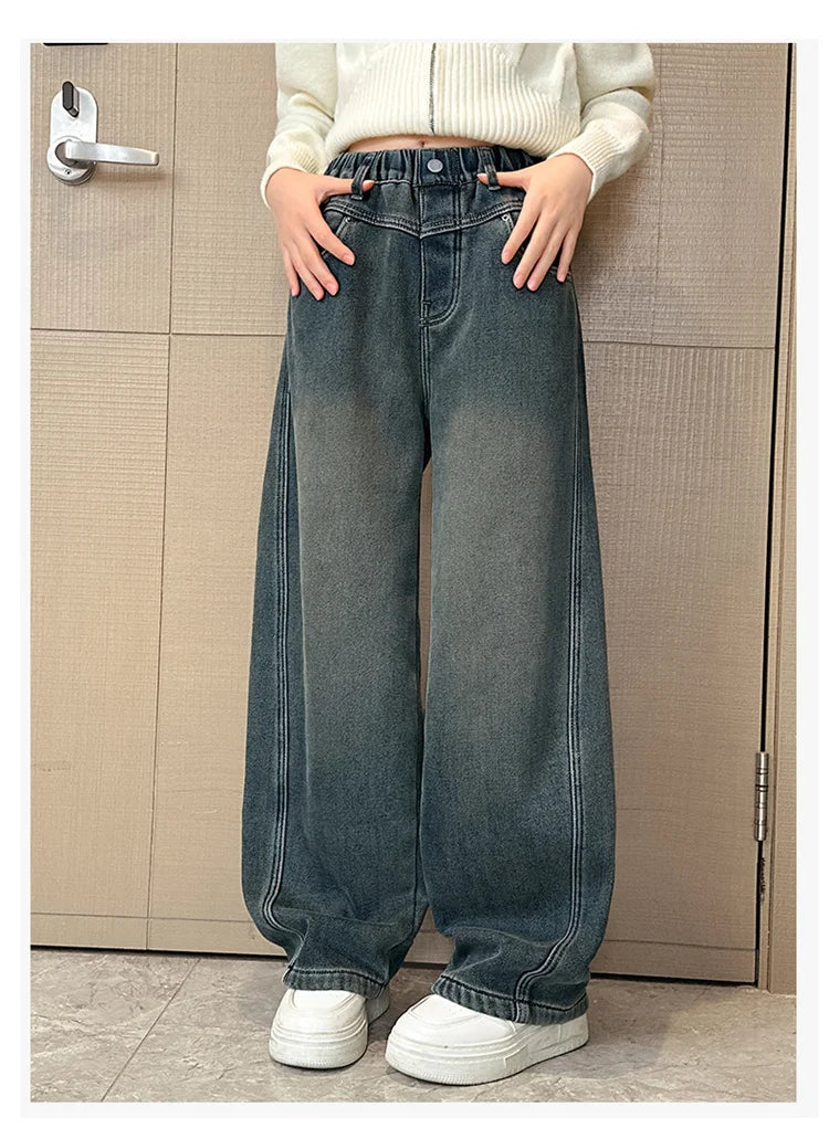 Crianças casuais solto em linha reta ajuste jeans para meninas perna larga legal calças jeans crianças adolescente primavera cintura elástica calças jeans