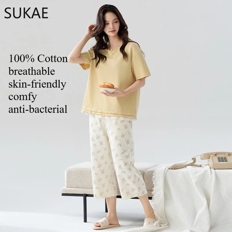 SUKAE-Conjunto de Pijamas dos desenhos animados das mulheres, 100% algodão, calça curta na altura do joelho, pijamas, capris loungewear, pijamas de verão, M-4XL