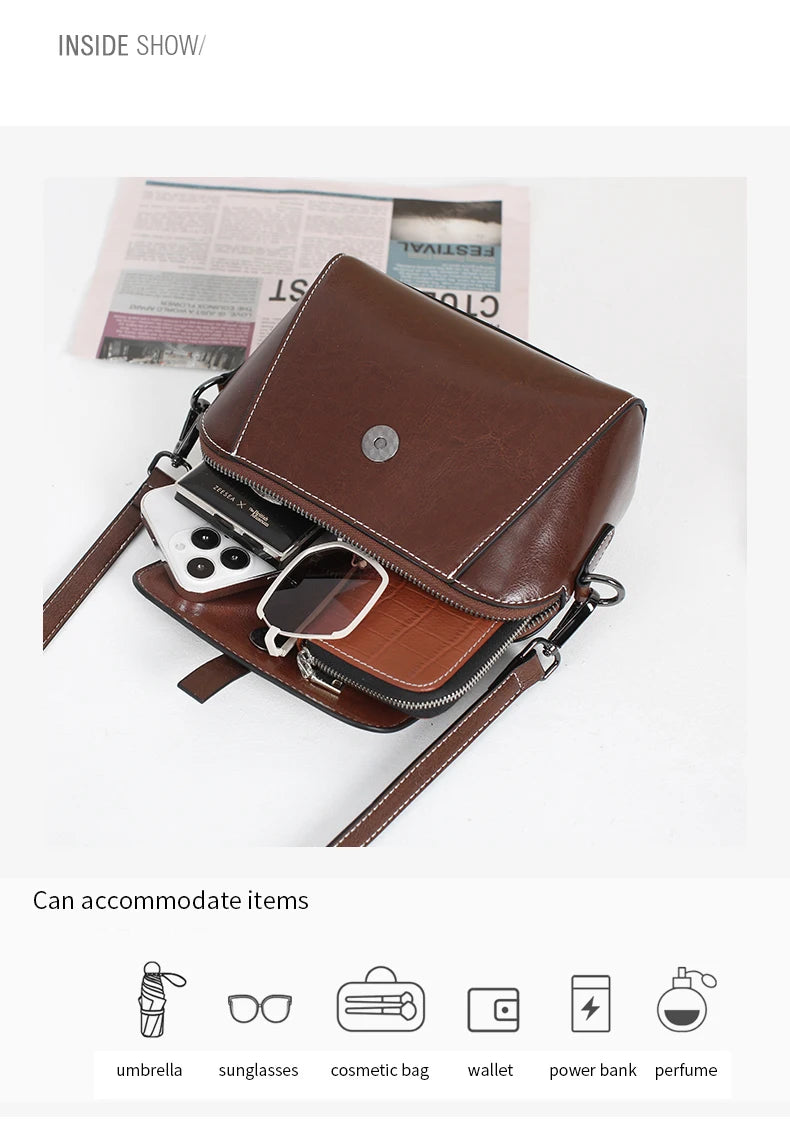 Bolsa transversal pequena de couro legítimo com acabamento em cera de óleo para mulher, bolsa fashion versátil em formato de concha, bolsa casual para celular.