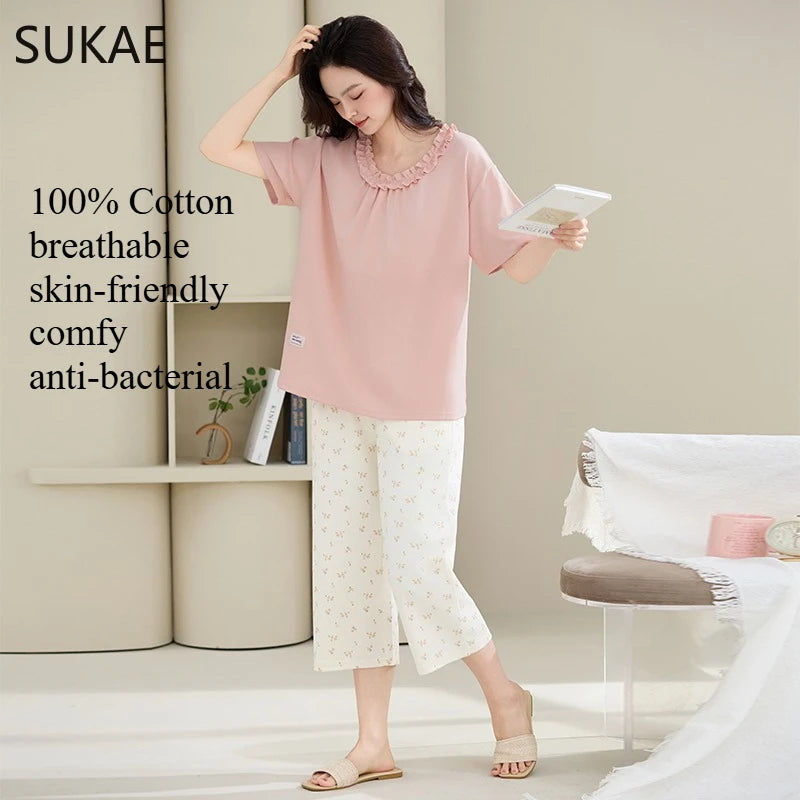 SUKAE-Conjunto de Pijamas dos desenhos animados das mulheres, 100% algodão, calça curta na altura do joelho, pijamas, capris loungewear, pijamas de verão, M-4XL