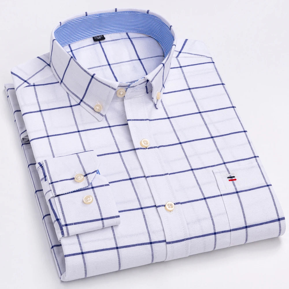 Camisas de vestido de algodão com design de gola de lapela listrada xadrez na moda masculina, camisa casual de manga comprida com botões para primavera/outono
