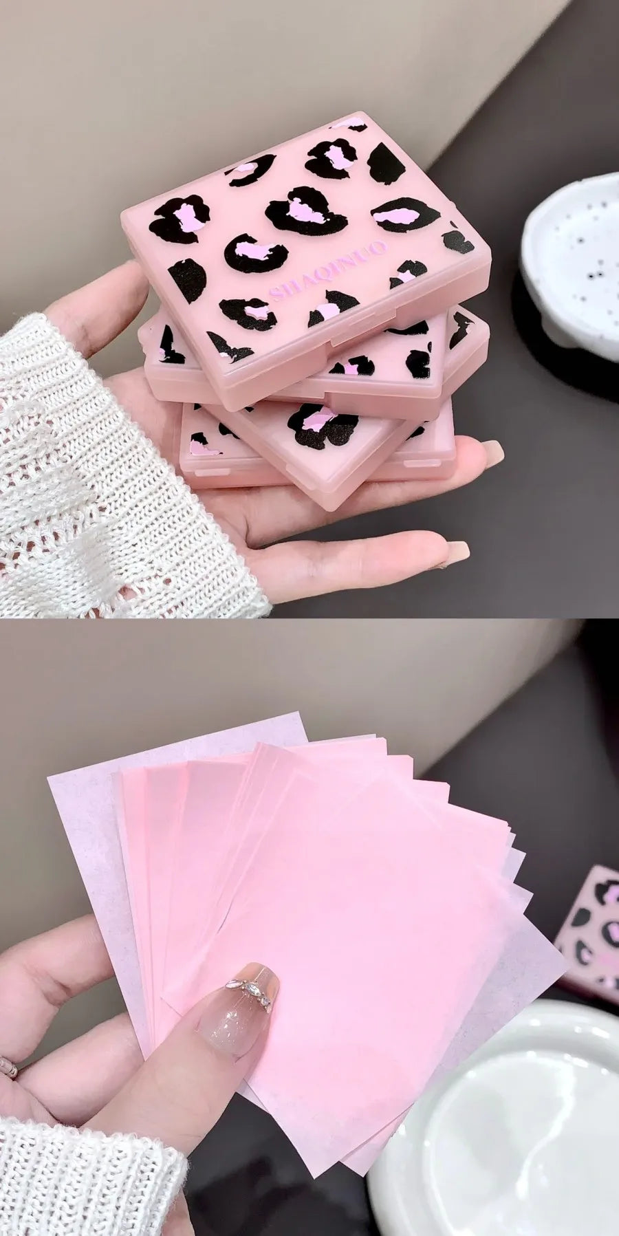 100 folhas de papel absorvente de óleo facial com estampa de leopardo rosa caixa de armazenamento portátil com espelho ferramenta de beleza