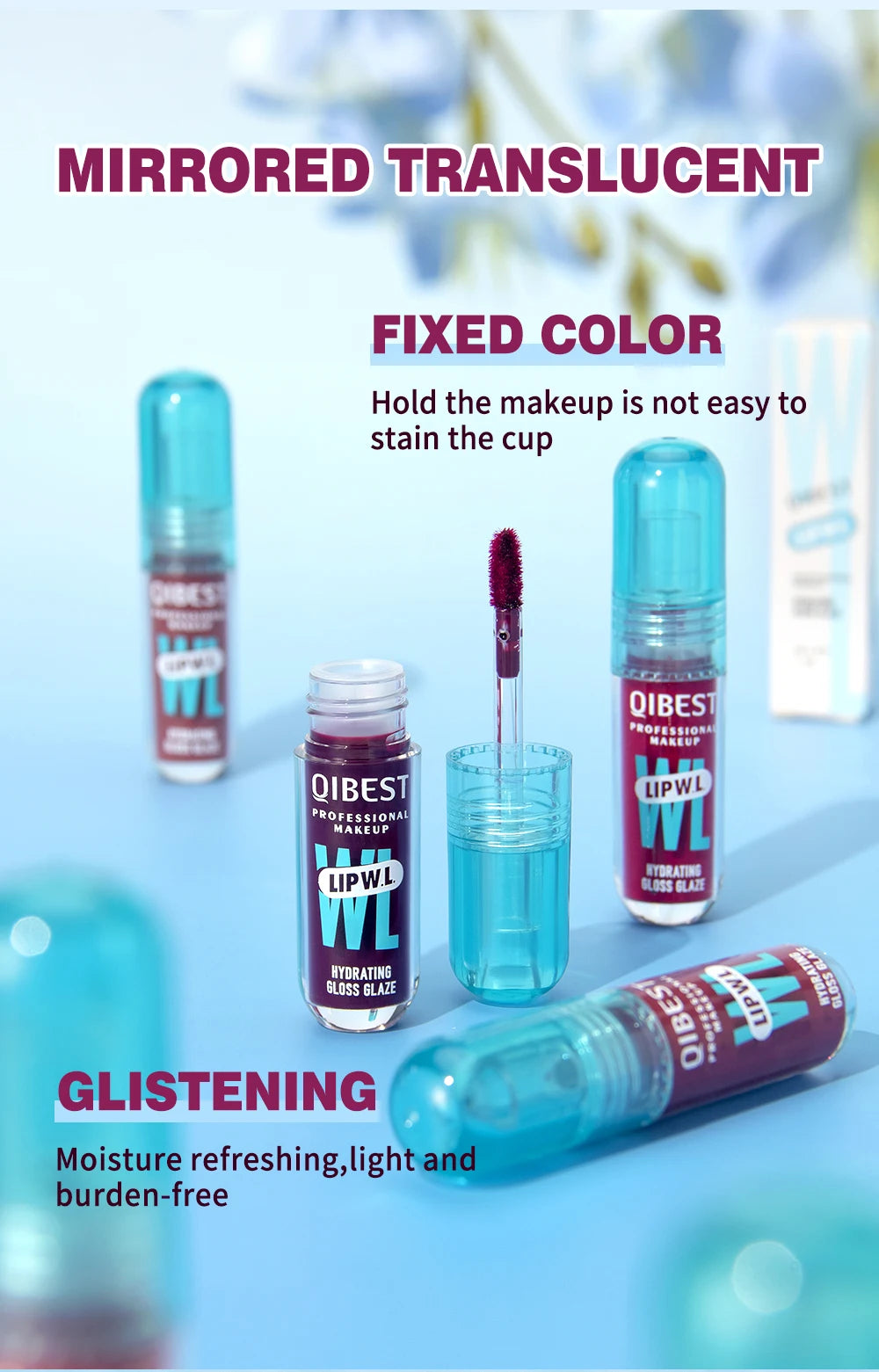 Brilho Labial Cristal QIBEST, Glaze Labial Hidratante de Longa Duração, Gloss Hidratante para Lábios