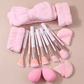 17 pçs conjunto de escova de maquiagem rosa, escova facial multifuncional + faixa de cabelo macio pulseira + esponja fina ovo triangular pó puff