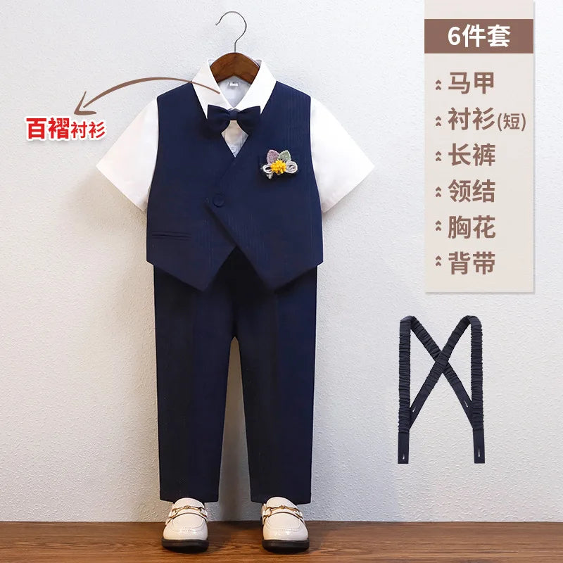 Cavalheiro crianças verão respirável vestido de casamento escola meninos colete camisa calças gravata borboleta fotografia terno crianças traje aniversário