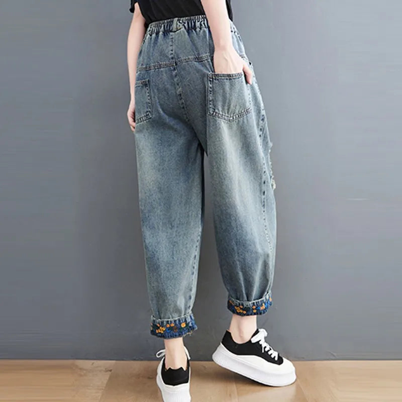Jeans de namorado de cintura alta para mulheres, streetwear vintage, básico bordado floral, calças jeans femininas harém, novo, primavera, B3782, 2024