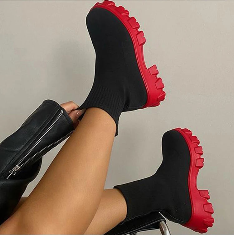Botas femininas botas de plataforma elástica respirável primavera verão saltos botas mujer deslizamento em botas de tornozelo mulher elegante sapatos de salto