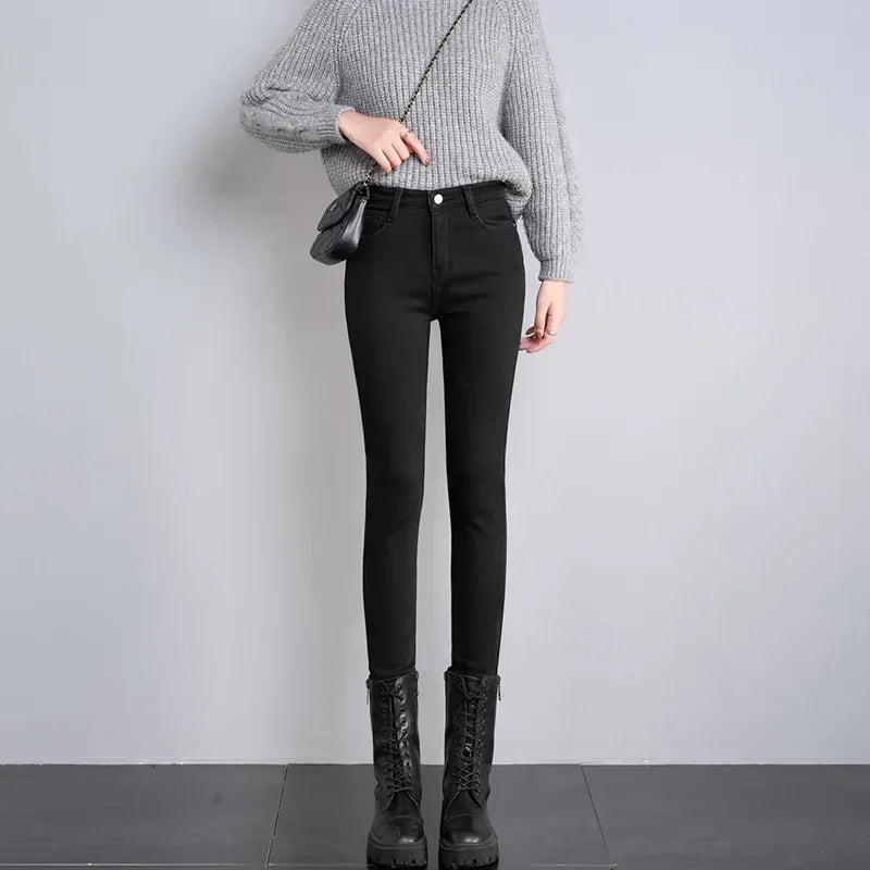 Inverno senhora térmica quente jeans de pelúcia magro estiramento jeans senhora fino ajuste lápis calças meninas perna reta denim