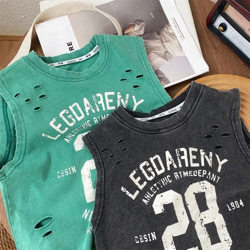 Verão bonito meninos novo preto puro algodão sem mangas perfurado camiseta estilo solto bebê crianças regata
