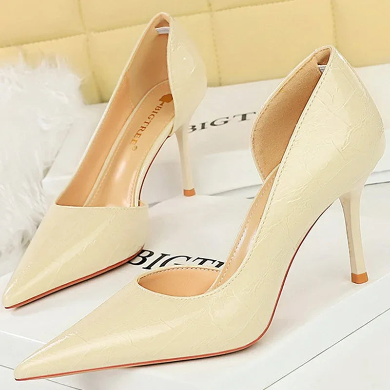 Estilo ocidental festa sapatos femininos 8cm salto alto fino raso apontou toe lado oco serpentina retro senhoras elegantes bombas marrom