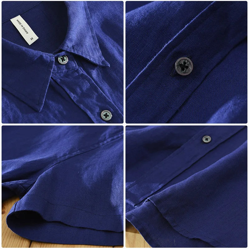 Camisa de linho de manga curta masculina, camisa respirável solta, camisa casual artística, monocromática, verão