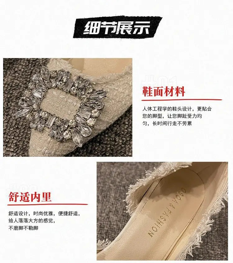Salto estilete para mulheres, sandálias de strass, botão quadrado, sapatos de casamento, moda feminina, branco, 2024