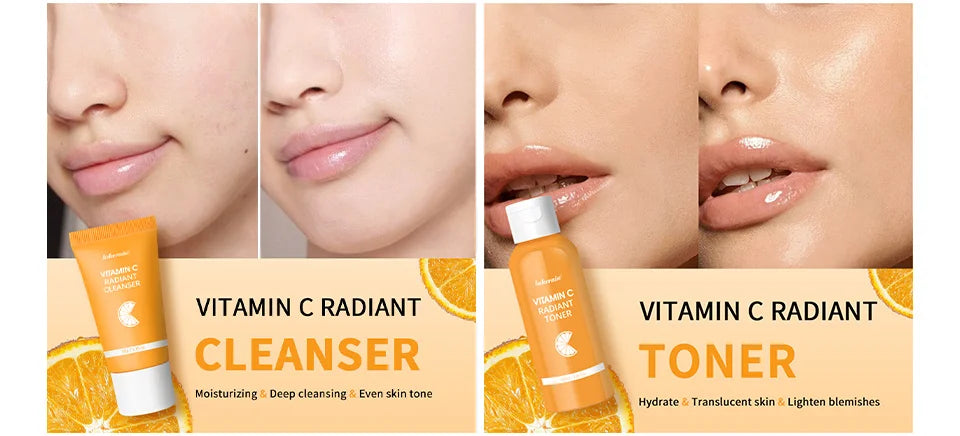 Lakerain vitamina c conjunto de cuidados com a pele 6 pçs kit creme de clareamento manchas escuras soro círculo escuro olho hidratante facial kits de clareamento