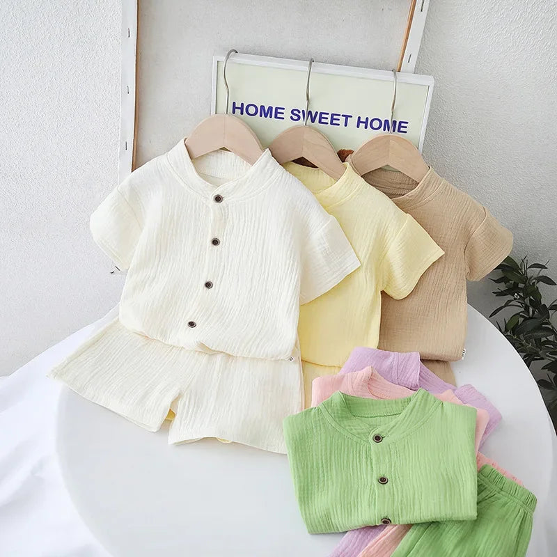 Conjunto de pijamas de gaze de algodão para bebês, 2 peças, manga curta, gola redonda, roupa de dormir macia e respirável, meninos, meninas, 0-5 anos, roupas de praia