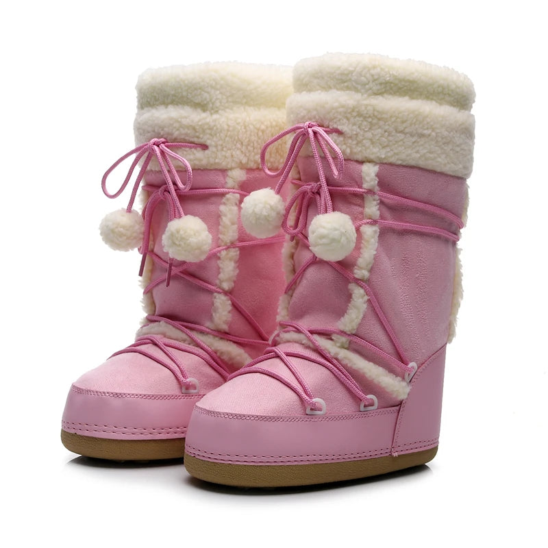 Botas de inverno rosa botas de neve femininas sola grossa botas de esqui quentes meados de bezerro botas de espaço antiderrapantes sapatos de algodão navio livre