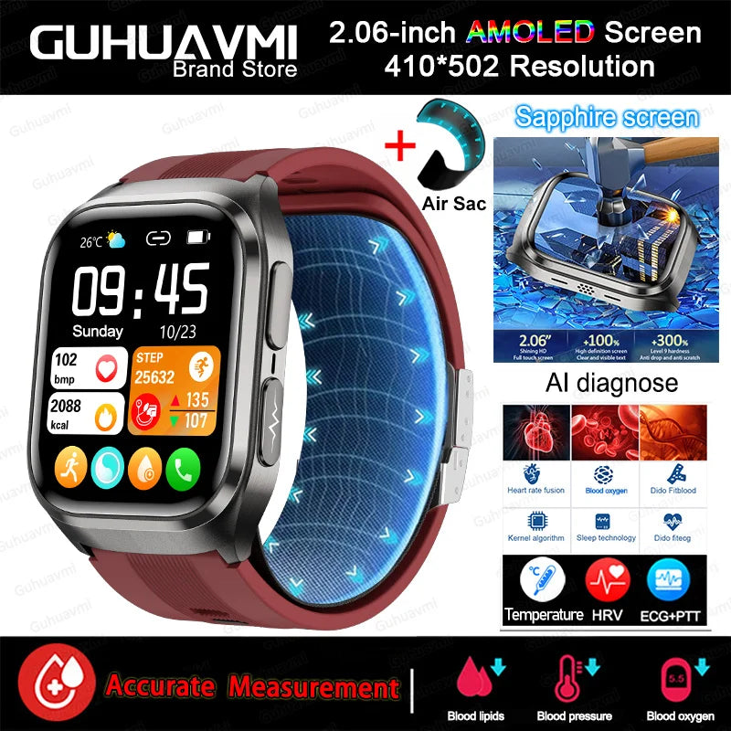 Novo Relógio de Saúde 2026: Medição Precisa de Pressão Arterial, Ácido Úrico e Lipídios no Sangue – Smartwatch Masculino e Feminino à Prova d'Água com Airbag