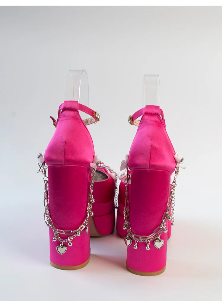 Cruz Japonesa Rhinestone Lolita Salto Alto para Mulheres, Corrente de Metal, Casamento da Noiva Rosa, Doce Sapatos Y2k Mary Jane, Salto Plataforma para Menina