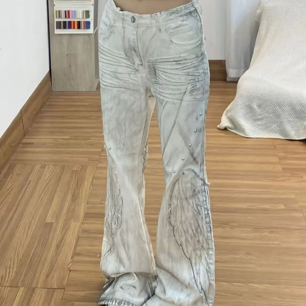 Calças Femininas Americanas Retrô Hot Girl Tie-Dye de Cintura Alta Boca de Sino Slim Rasgadas Novas de Outono e Inverno Lavadas Casuais