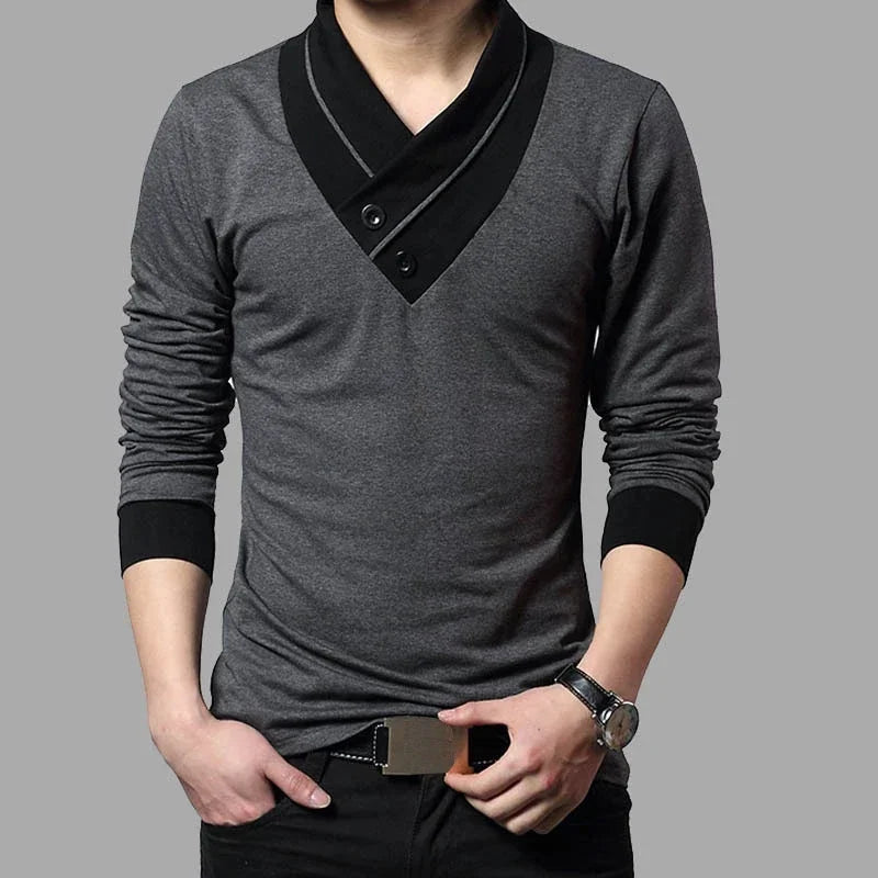 Camiseta Masculina Slim Fit de Manga Longa com Gola em Patchwork e Decote V, Tendência de Moda 2026, Camiseta de Algodão Plus Size 5XL