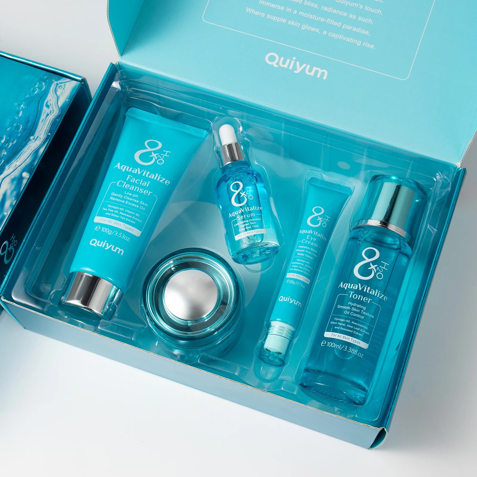 QUIYUM 8X H2O AquaVitalize Skincare Set 5PCS Kit de hidratação profunda Rugas Suavização Tratamento de aperto Conjunto de presente