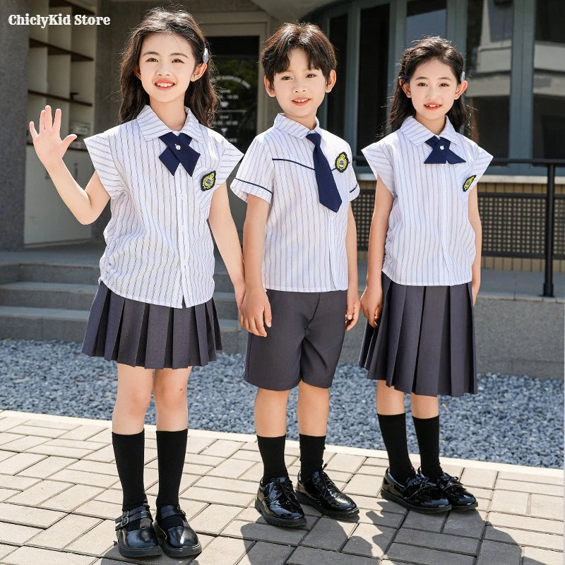 Meninas coreano japonês preppy listrado blusa saias meninos camisas shorts crianças conjuntos de roupas verão estudantes uniformes escolares