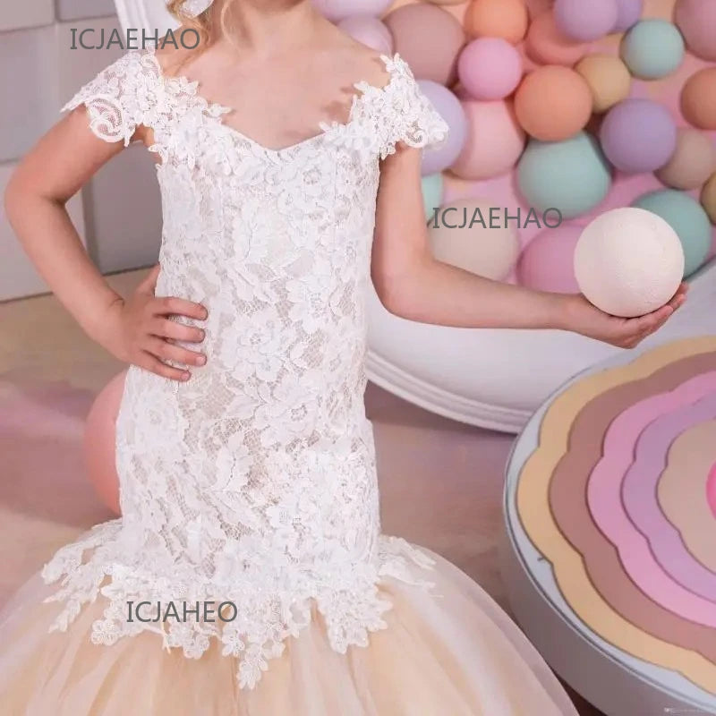 Bebê flor menina vestido crianças rendas longo noite crianças vestidos para casamento bridesmade baile de formatura sereia vestido festa formal vestidos de baile