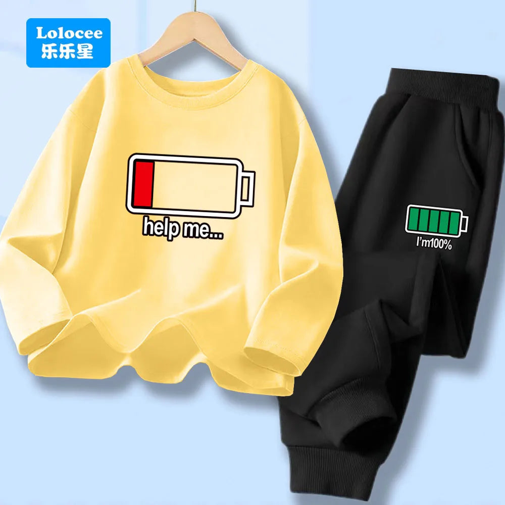 Outono criança menino manga longa 2 pçs conjunto de roupas crianças engraçado bateria carta impressa camiseta pulôver topo e calças fatos de treino dcw1