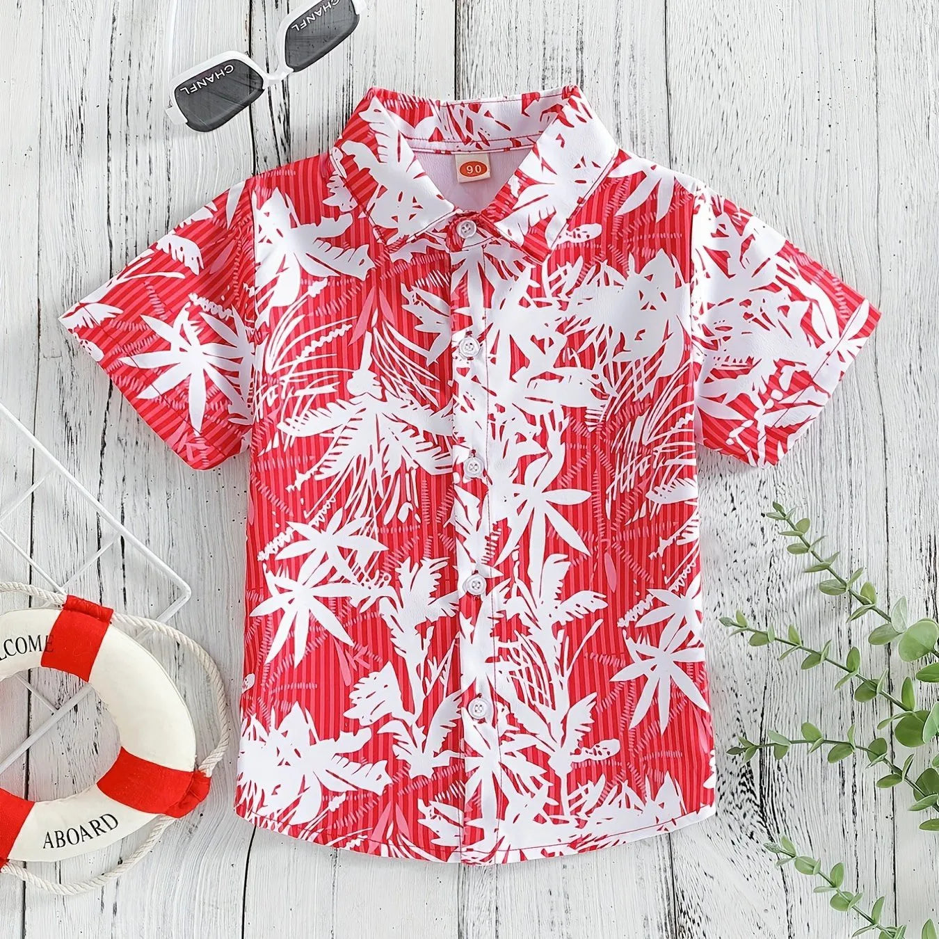 Top respirável casual floral e foliar infantil, blusa de meninos, perfeita para praia, férias, elegante, verão