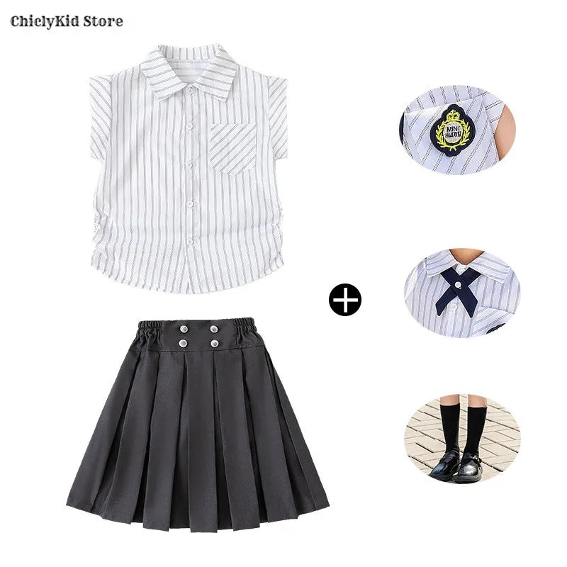 Meninas coreano japonês preppy listrado blusa saias meninos camisas shorts crianças conjuntos de roupas verão estudantes uniformes escolares