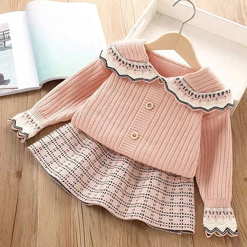 2025 novo outono 0-5yrs bebê meninas conjunto de roupas manga comprida malha cardigan casaco + saia curta crianças roupas de malha terno