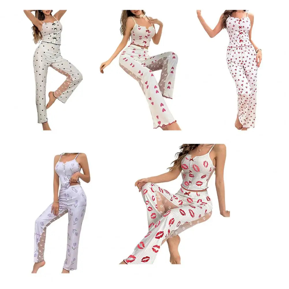 2 pçs/set feminino colete calças terno arco coração impressão sem mangas shirring borda superior malha retalhos calças homewear roupa de dormir