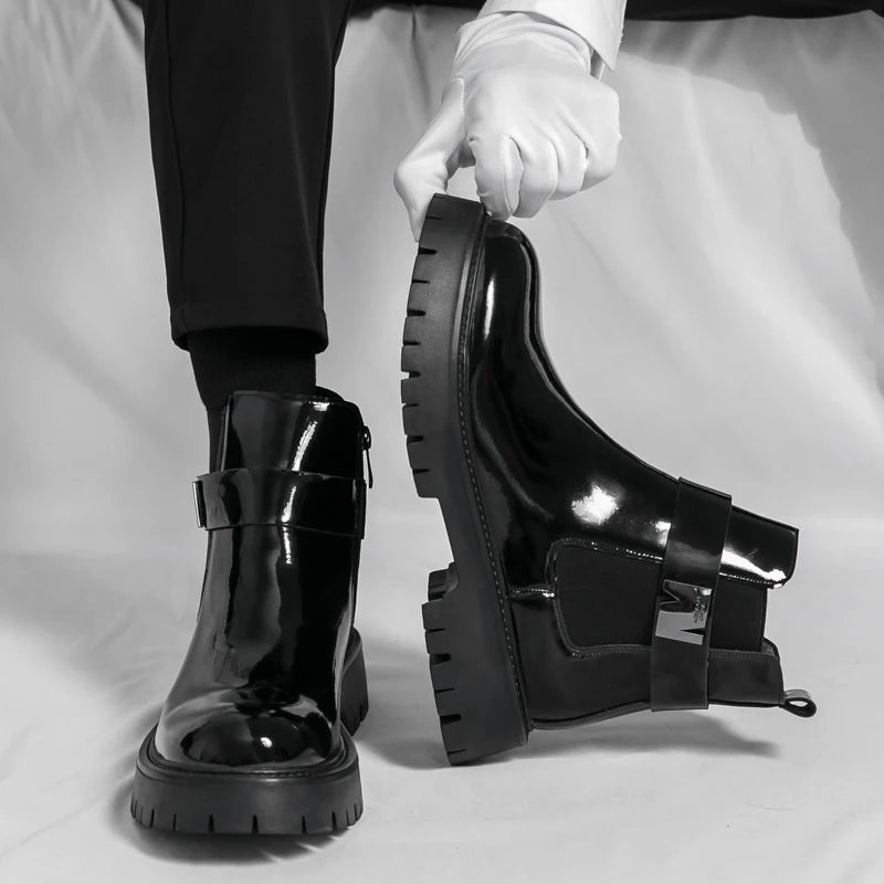 Botas masculinas de couro envernizado, de alta qualidade, superfície brilhante, confortável, sola grossa, cano alto, marca de moda, antiderrapante, chelsea