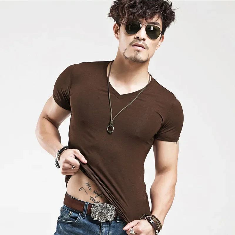 Camiseta Masculina Nova 2026, Gola V, Manga Curta, Moda Fitness, Tamanho 5XL