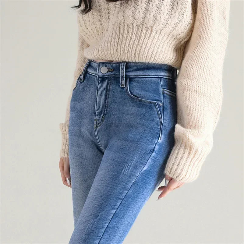 Inverno senhora térmica quente jeans de pelúcia magro estiramento jeans senhora fino ajuste lápis calças meninas perna reta denim