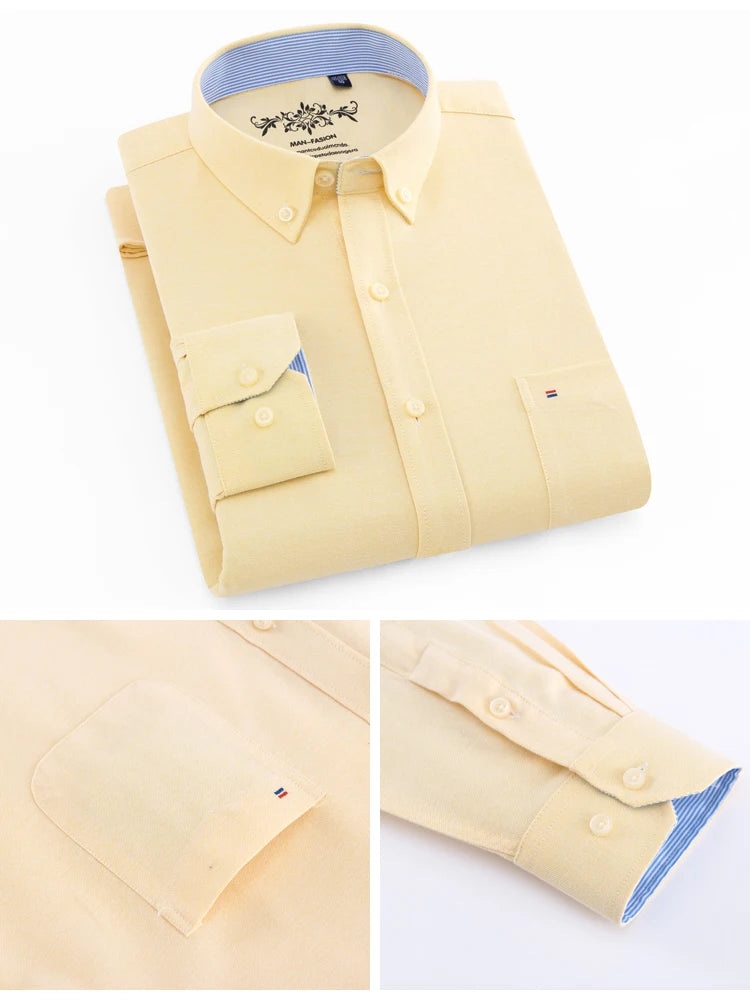 Camisa casual de trabalho listrada xadrez oxford de manga comprida masculina com bolso, camisas de botão de ajuste regular de mistura de algodão primavera outono